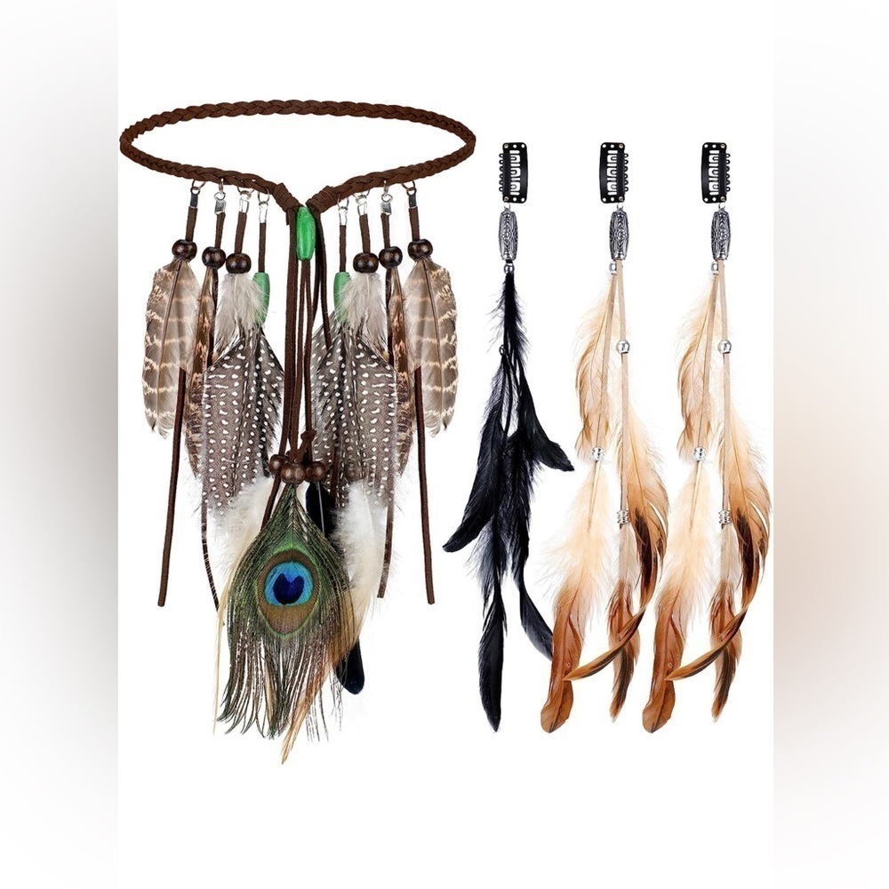 4 Pack Feather Hair Clips Handmade Boho Feather Headband Hippie Extension Comb